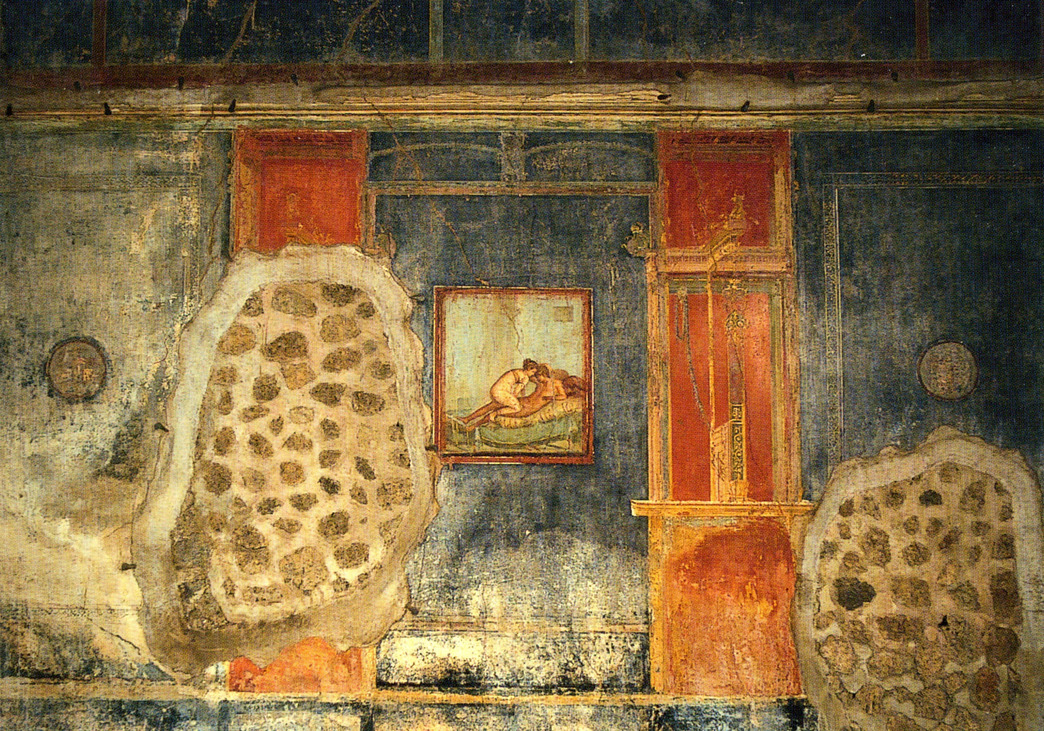 Erotikus falfestmény a pompeji Centenáriumi ház (Casa del Centenario, IX, 8, 3) szobájában, Kr. u. 70 körül. Forrás: Wikipedia/ Wolfgang Rieger Kinek a vágyai alakítják a pornót? – Az ősember rajzaitól az AI-erotikáig